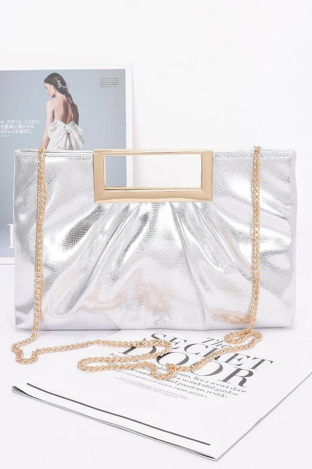 Faux Leather Metal Handle Clutch