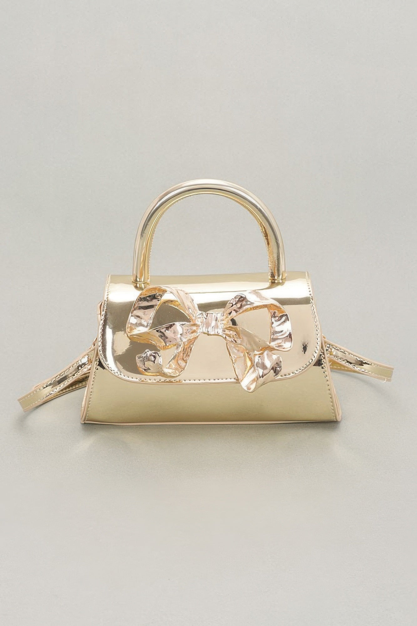 Faux Mirror Leather Ribbon Metal Top Handle Bag