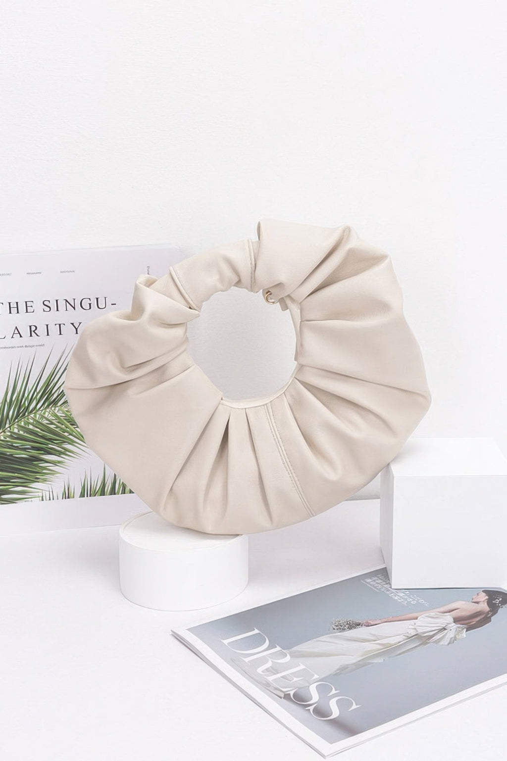 Faux Leather Pleated Handle Clutch