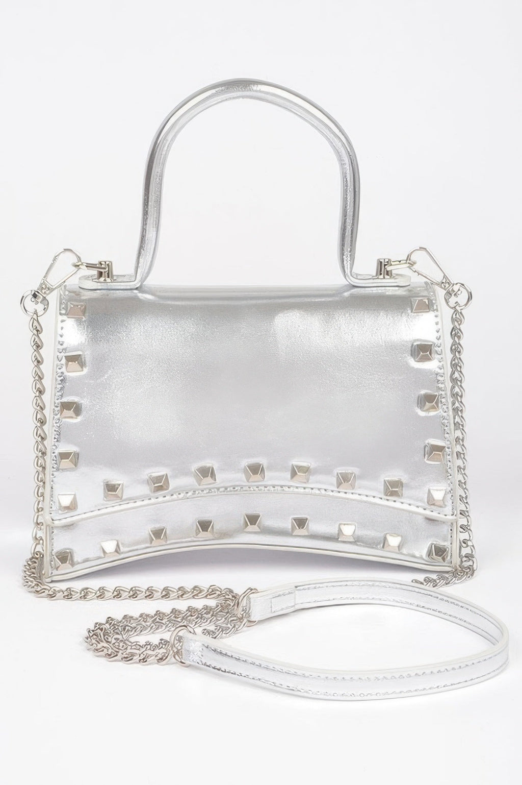 Metallic Faux Leather Studded Top Handle Clutch