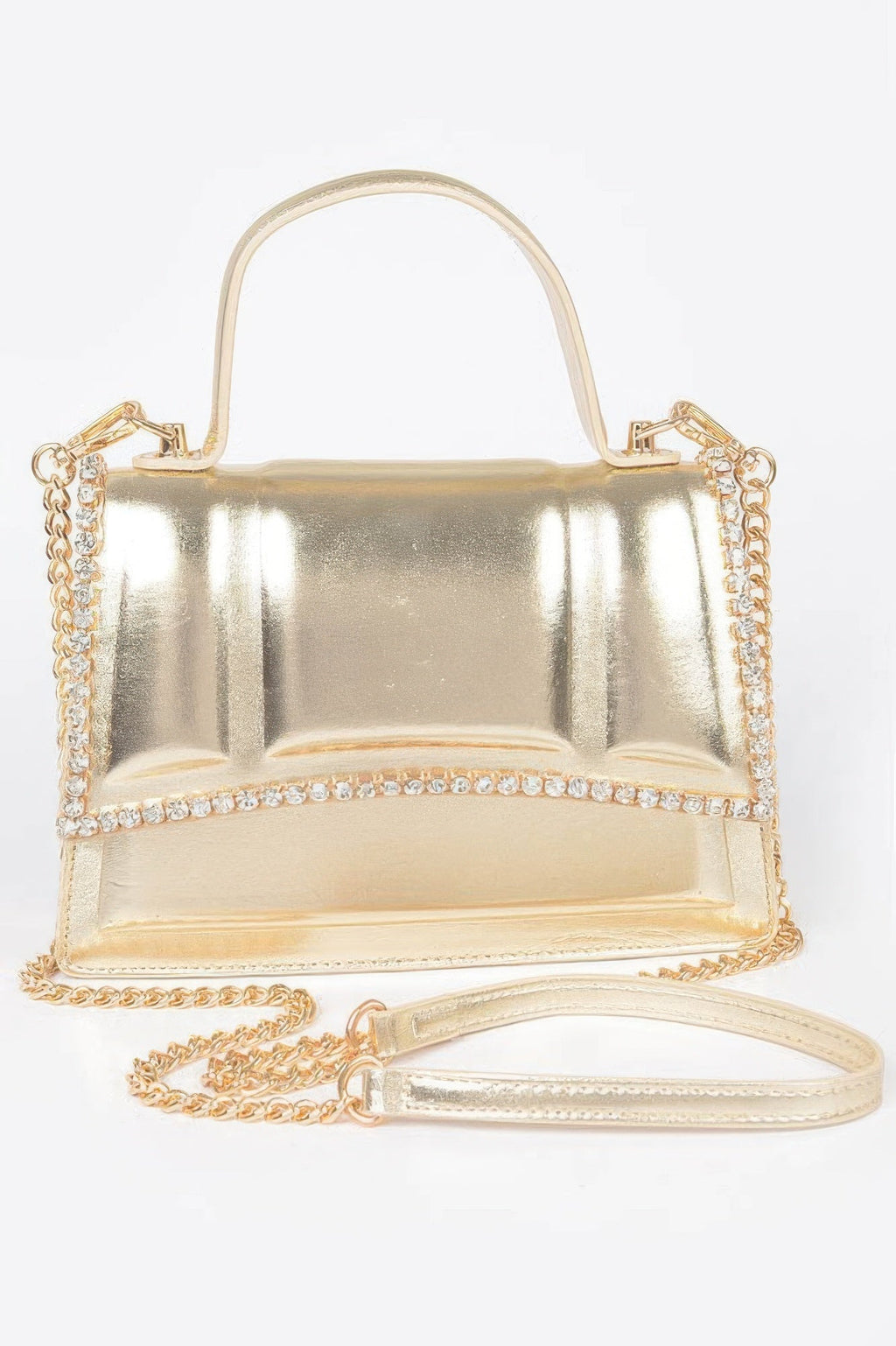 Faux Metallic Leather Top Handle Bag/w Stones