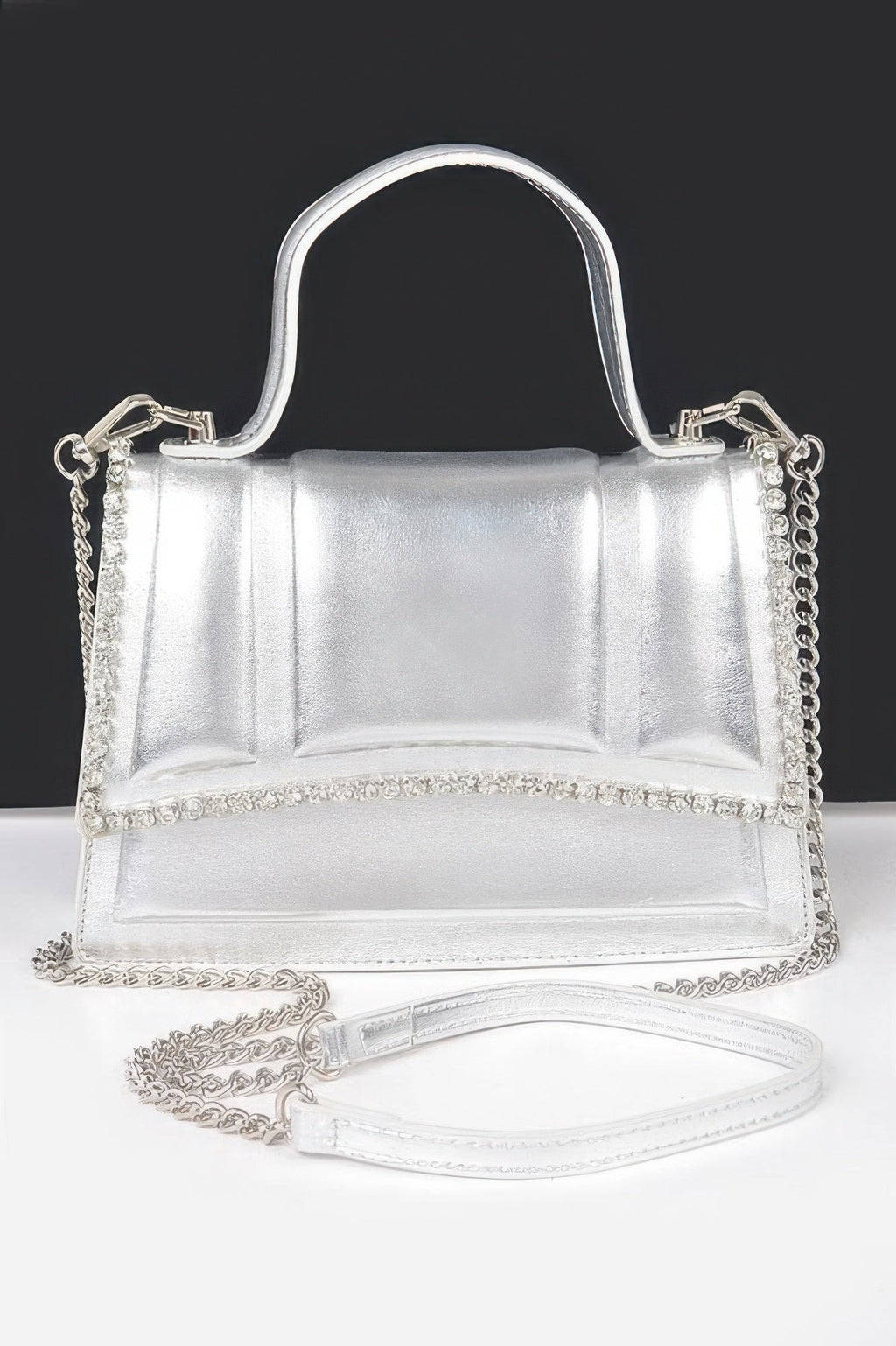 Faux Metallic Leather Top Handle Bag/w Stones