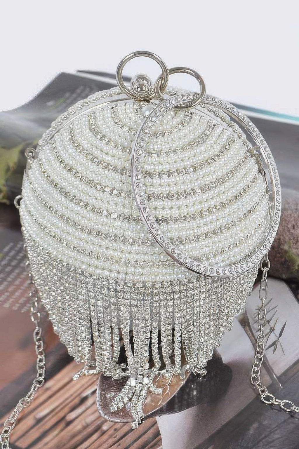 Round Rhinestone Fringe Bag W Faux Pearl