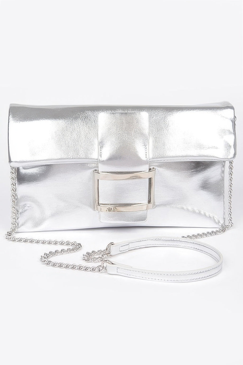 Metallic Faux Leather Metal Buckle Clutch