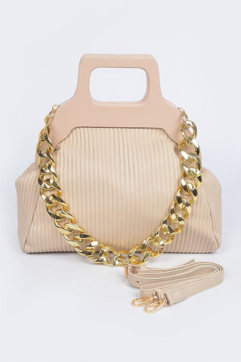 Pleated Wooden Handle Chain Bag