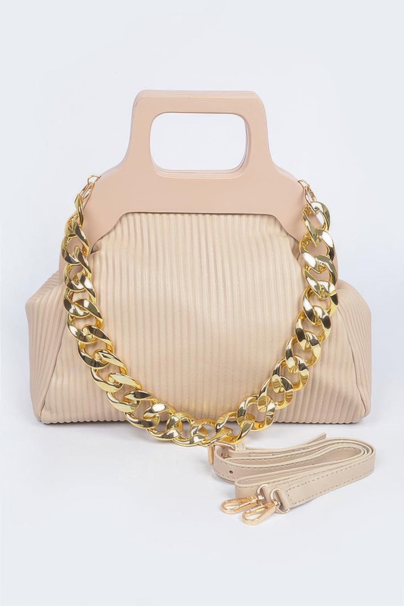 Pleated Wooden Handle Chain Bag