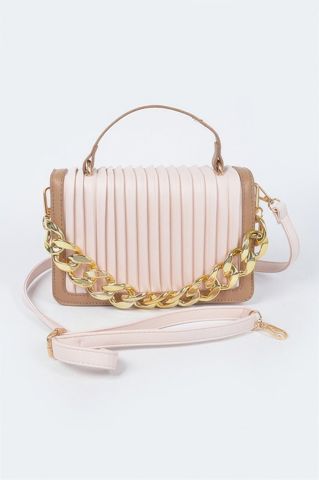Pleated Faux Leather Color Chain Bag