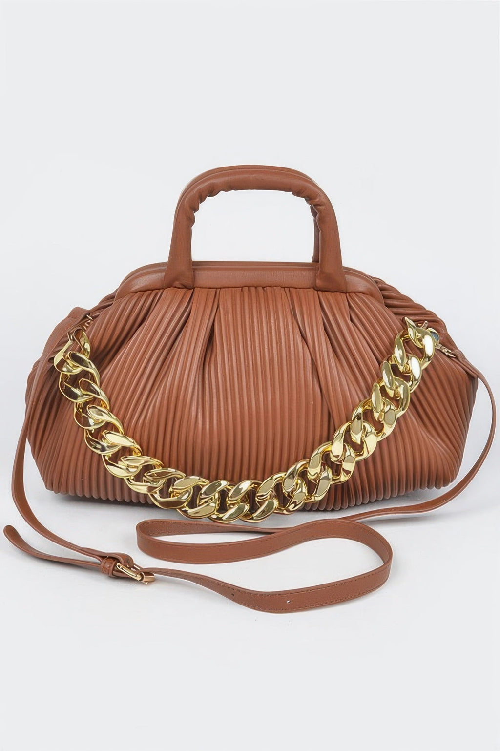 Pleated Faux Leather Top Handle Bag