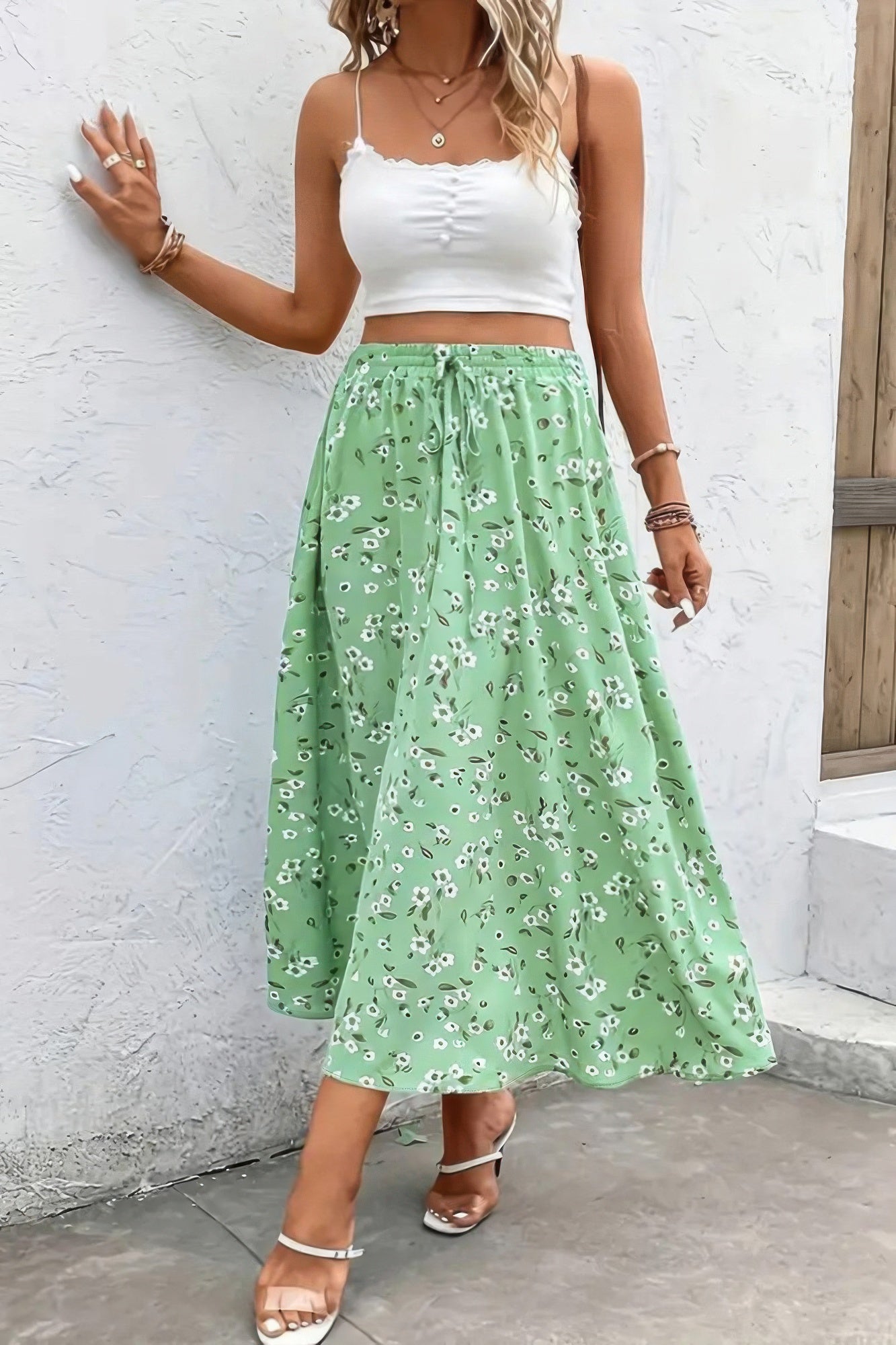 Floral Print Drawstring Waist Fit Skirt