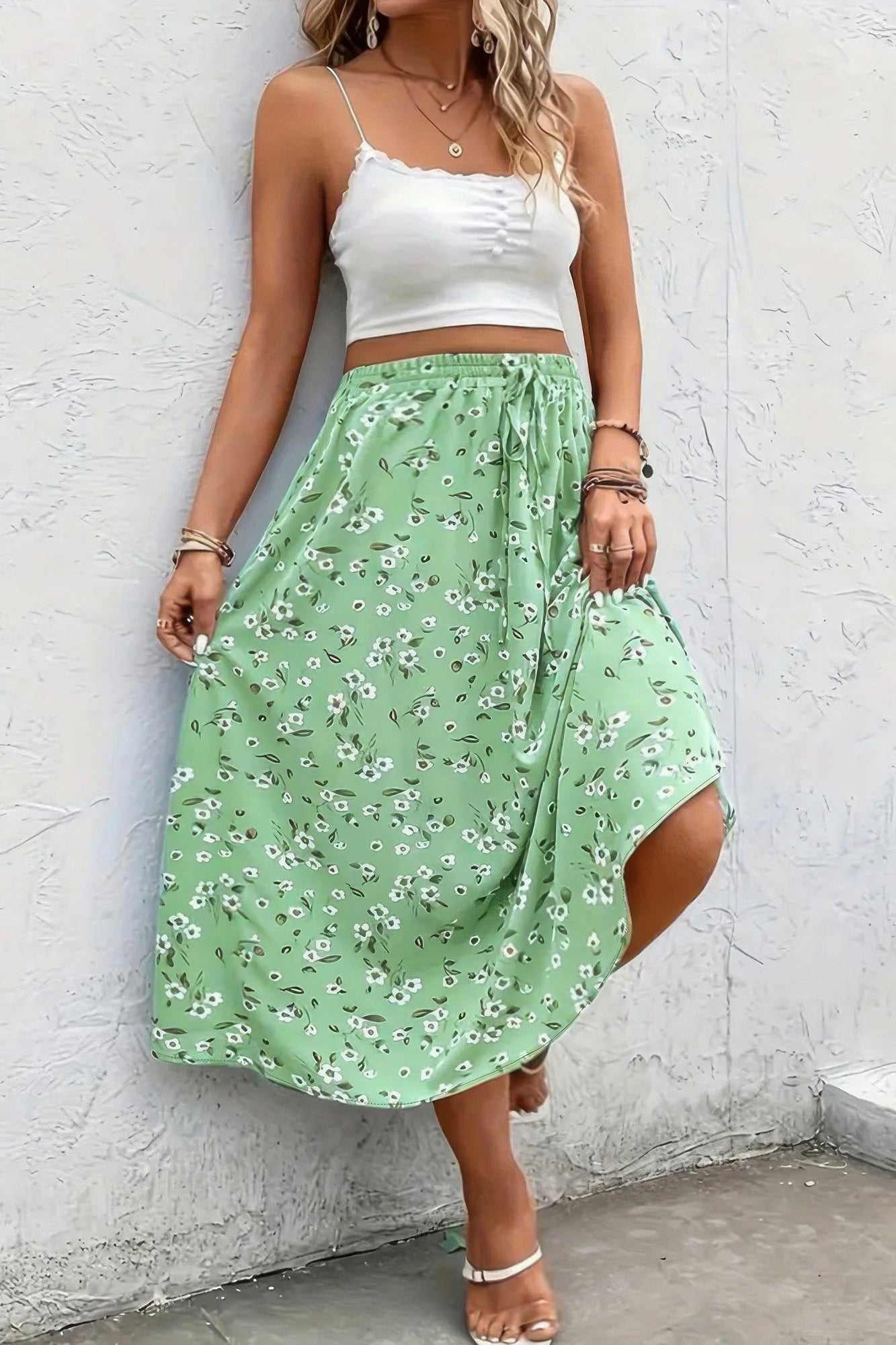 Floral Print Drawstring Waist Fit Skirt