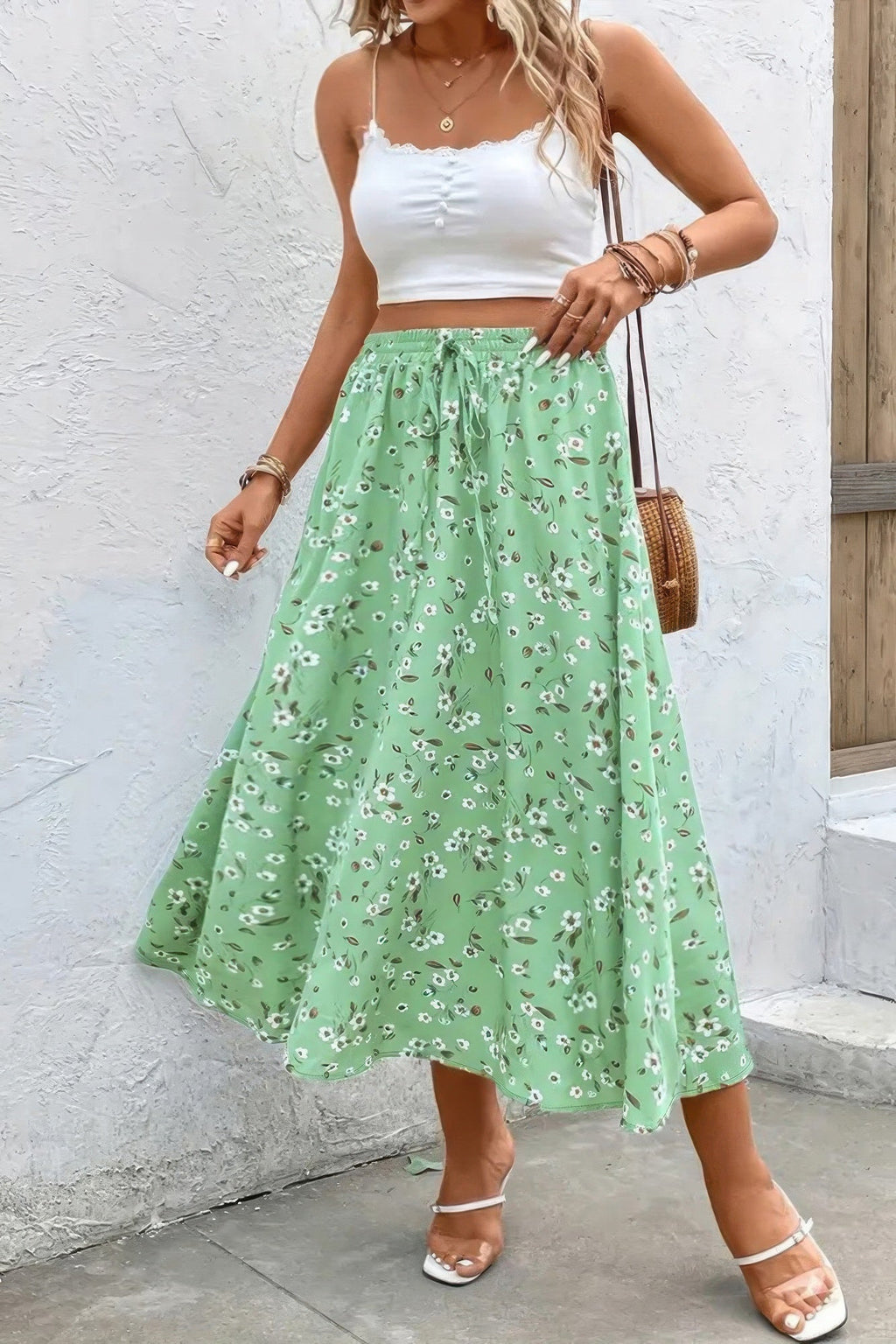 Floral Print Drawstring Waist Fit Skirt