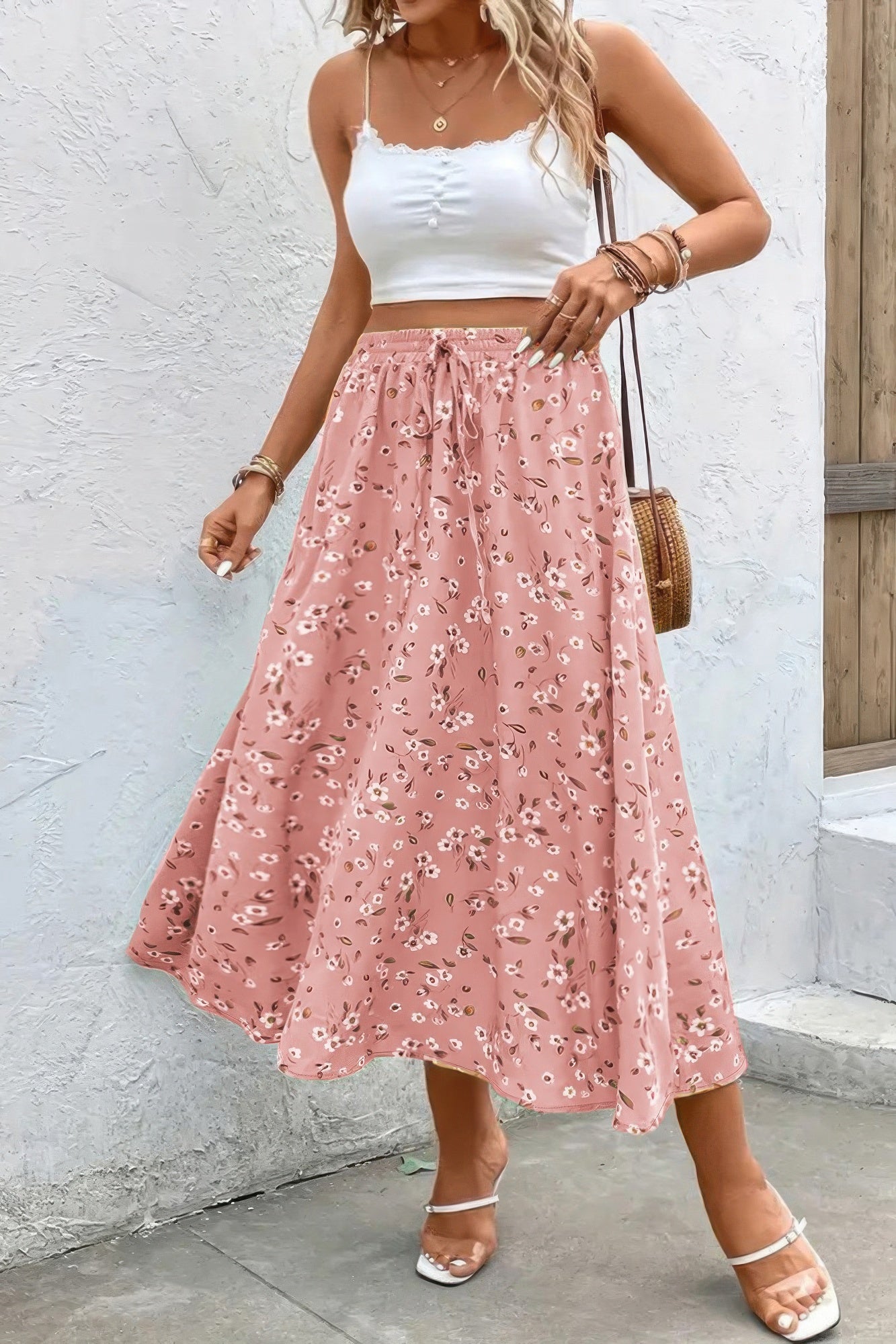 Floral Print Drawstring Waist Fit Skirt