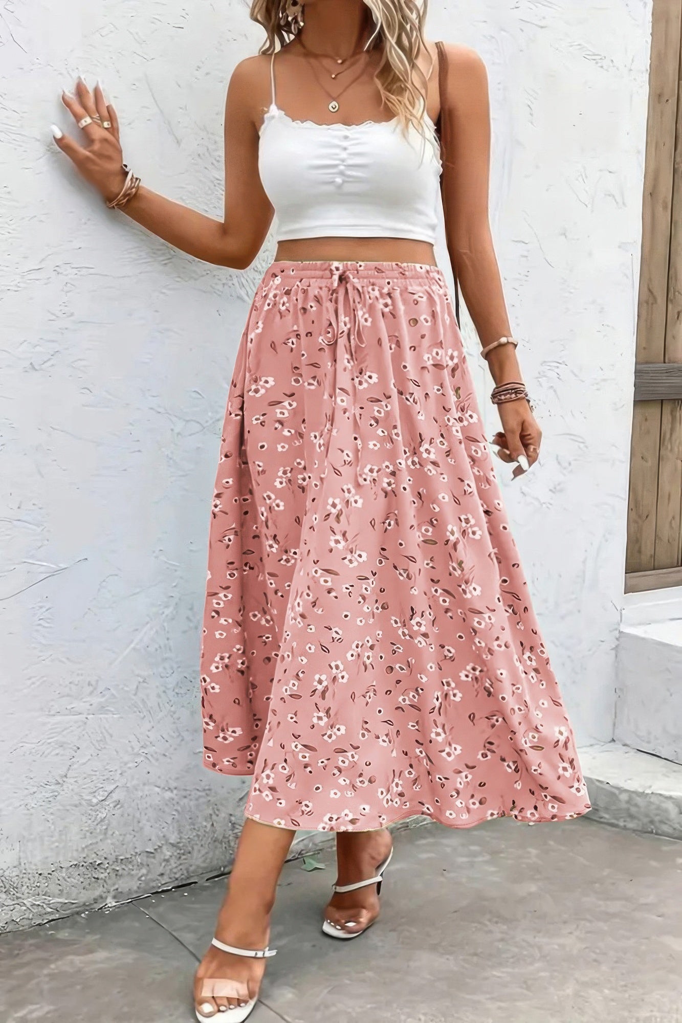 Floral Print Drawstring Waist Fit Skirt