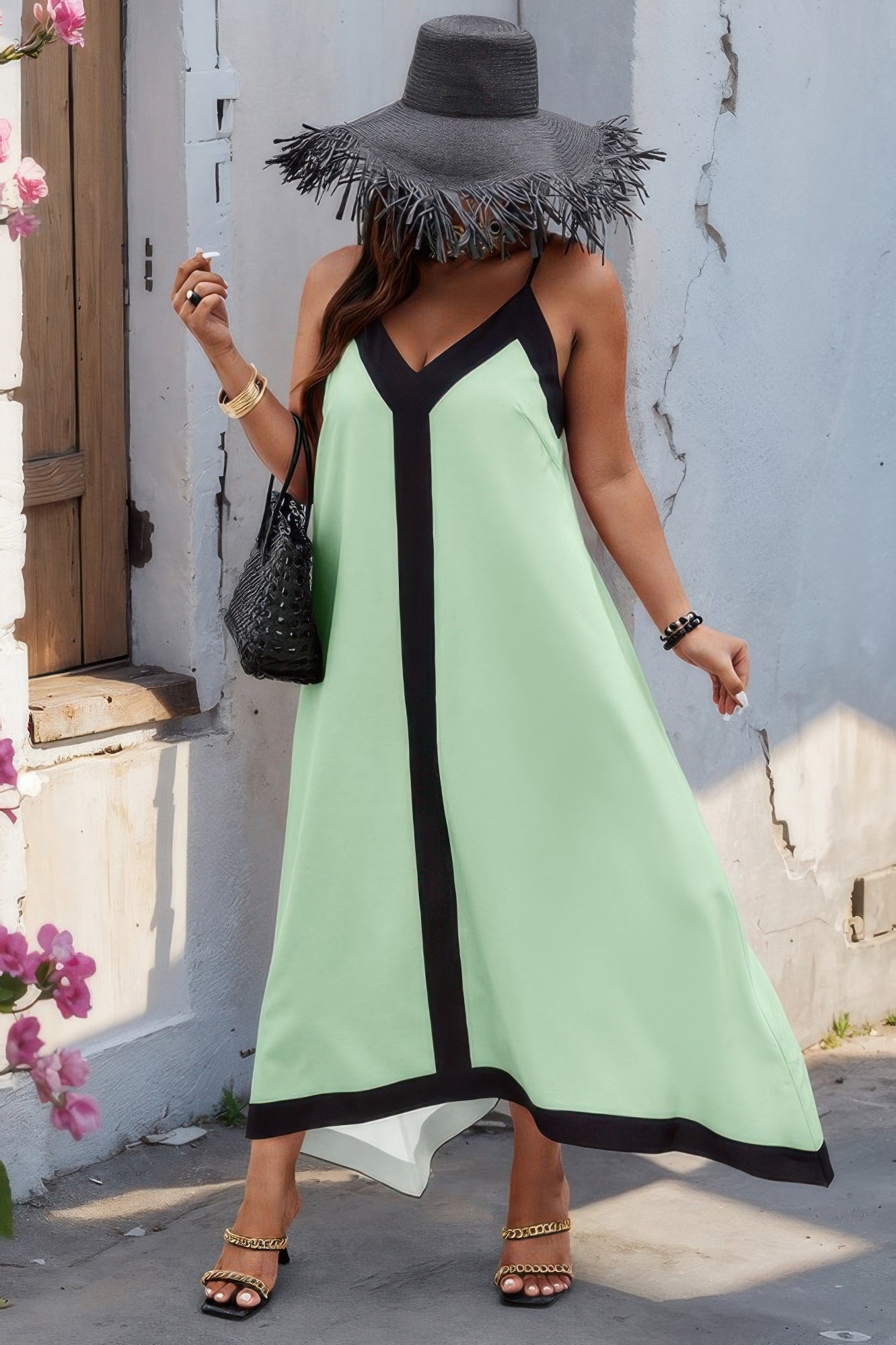 Colorblock Spaghetti Strap A Line Dress