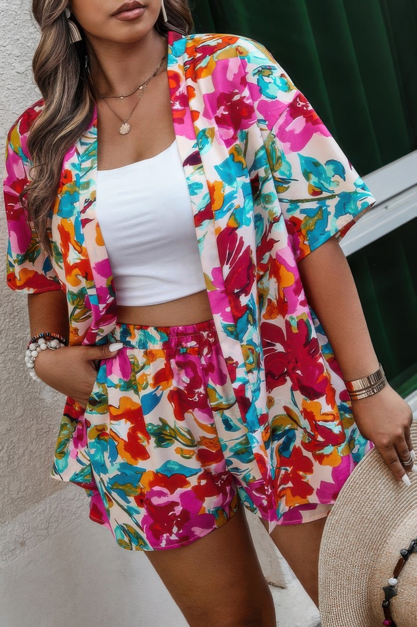 Floral Print Open Front Shorts Sets