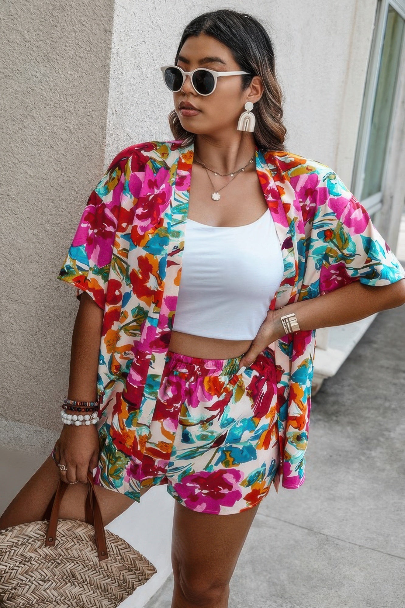 Floral Print Open Front Shorts Sets