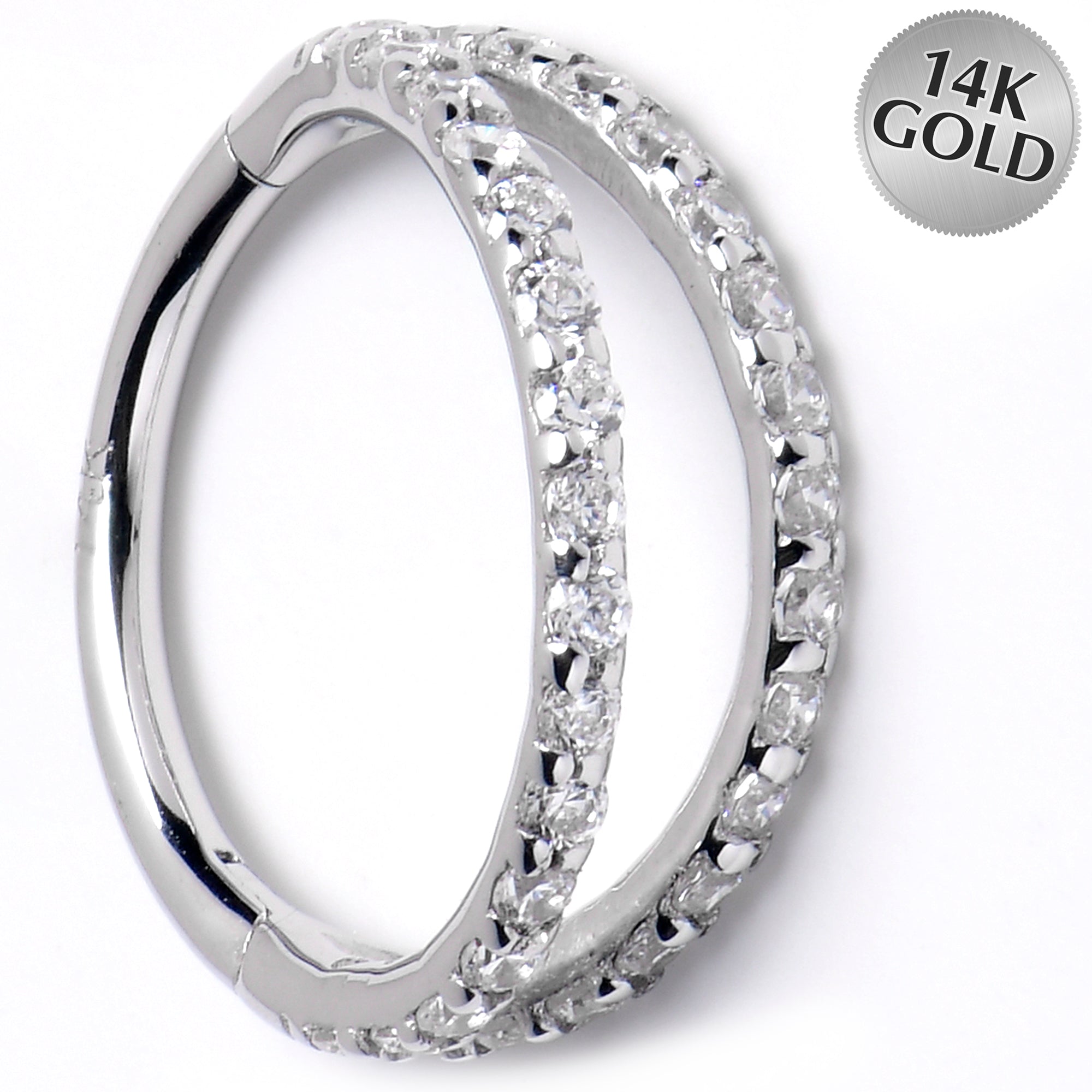 16G 3/8 Solid 14K White Gold Clear CZ Gem Hinged Segment Ring