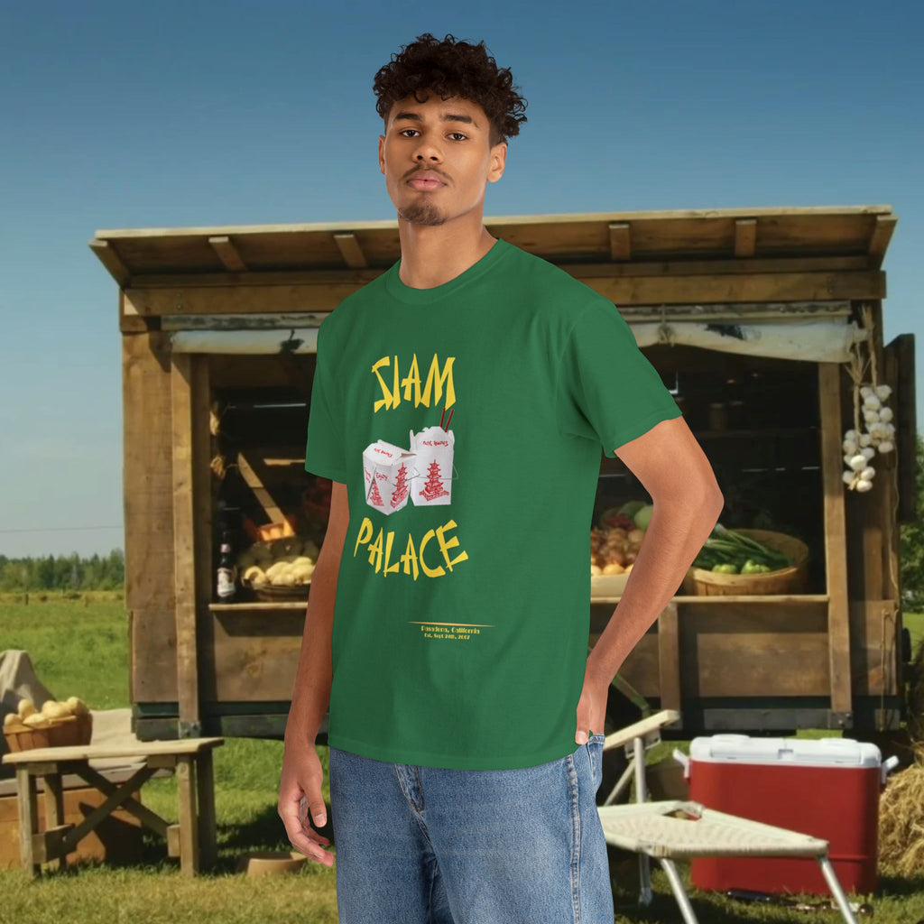 "DirkyThreadz Siam Palace T-Shirt – Mutiges Take-out-Grafikdesign aus schwarzer Baumwolle"