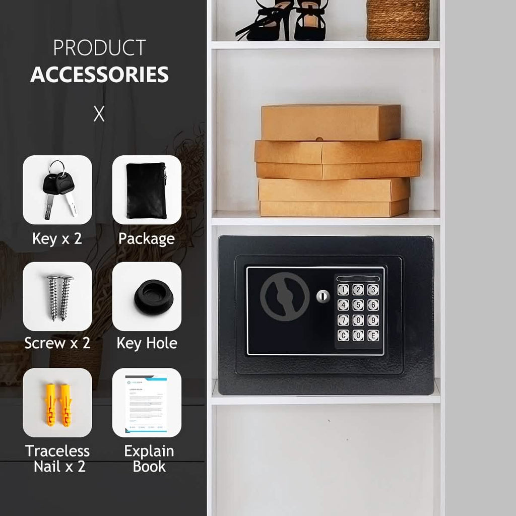 Feuerfester digitaler Heimsafes mit Tastatur, Sensorlicht und Geldbeutel – Silber