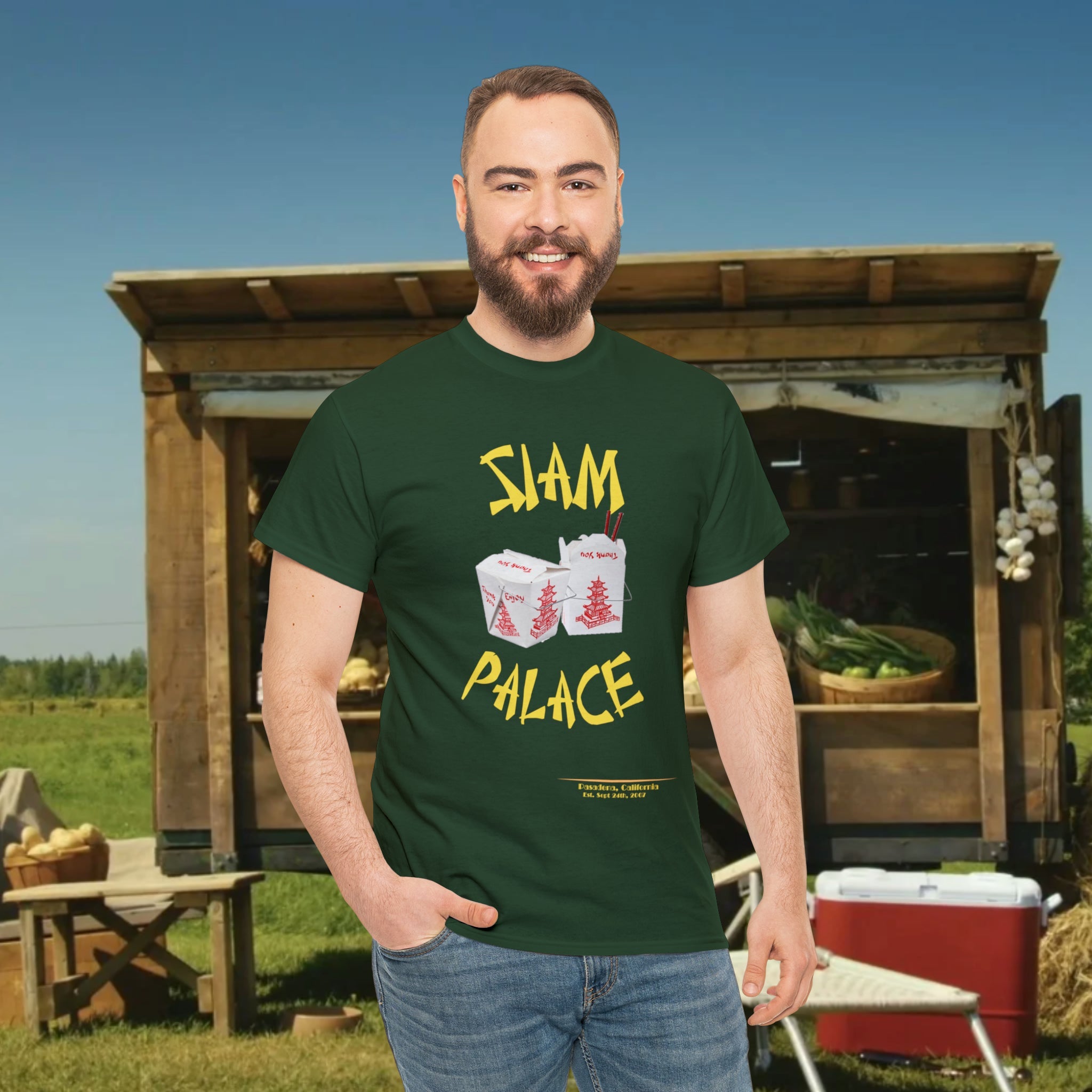 "DirkyThreadz Siam Palace T-Shirt – Mutiges Take-out-Grafikdesign aus schwarzer Baumwolle"