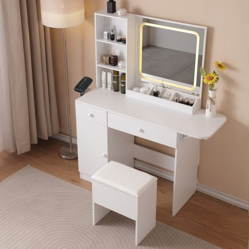Schminktisch mit beleuchtetem Spiegel und Steckdose, Schminktisch mit Schubladen und großem Aufbewahrungsschrank für das Schlafzimmer, 3 Beleuchtungsmodi, einstellbare Helligkeit, Aufbewahrungshocker, Weiß