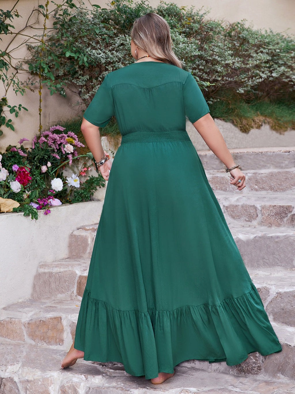 Button Detail V-Neck Short Sleeve Maxi Dress