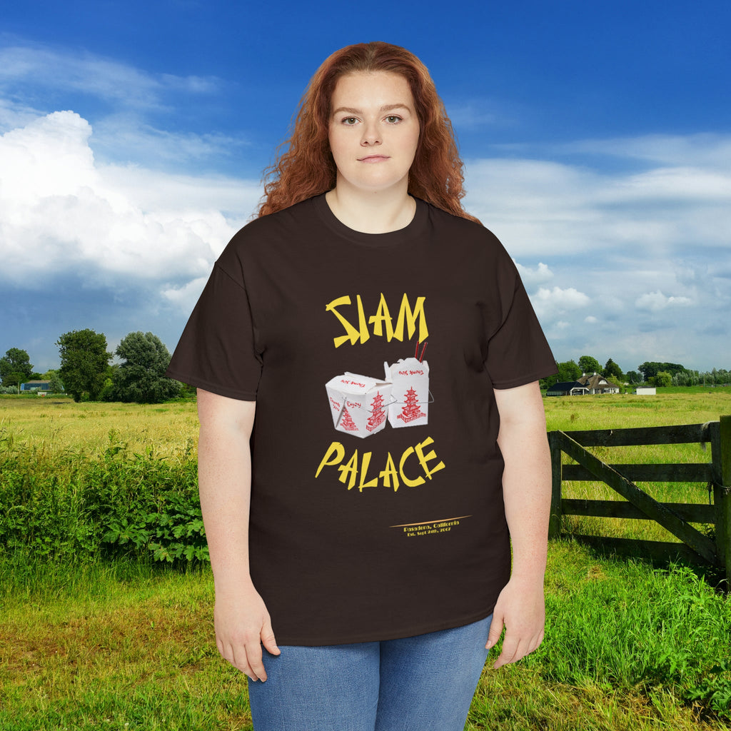 "DirkyThreadz Siam Palace T-Shirt – Mutiges Take-out-Grafikdesign aus schwarzer Baumwolle"