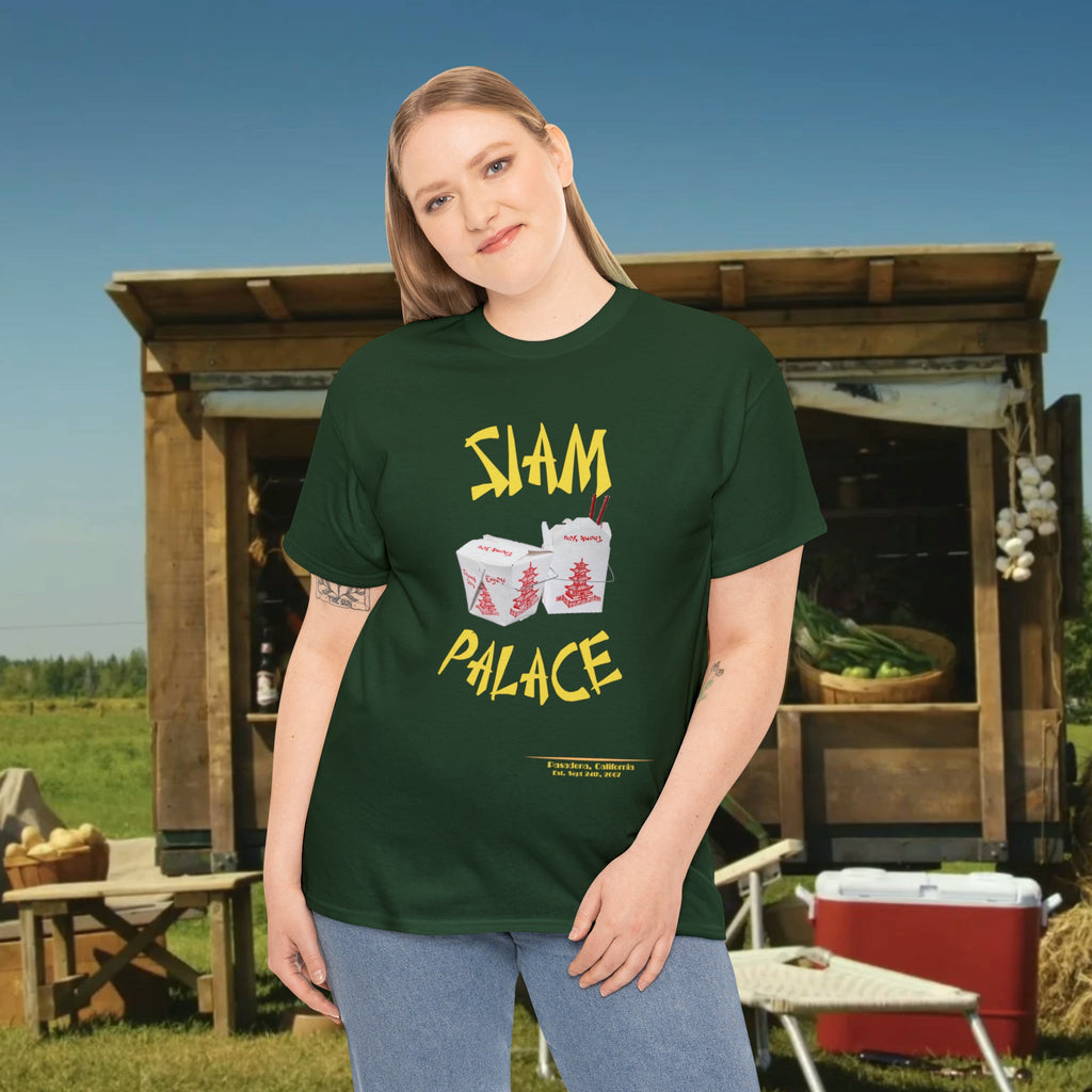 "DirkyThreadz Siam Palace T-Shirt – Mutiges Take-out-Grafikdesign aus schwarzer Baumwolle"