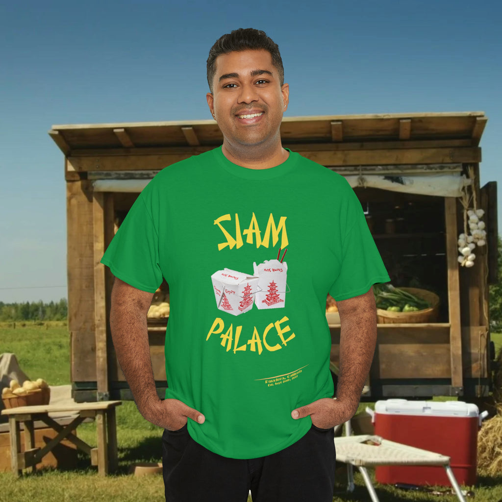 "DirkyThreadz Siam Palace T-Shirt – Mutiges Take-out-Grafikdesign aus schwarzer Baumwolle"