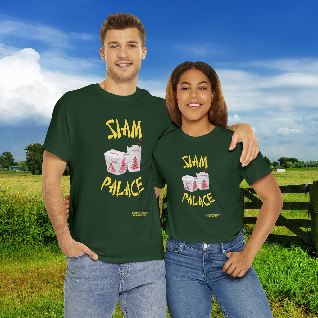 "DirkyThreadz Siam Palace T-Shirt – Mutiges Take-out-Grafikdesign aus schwarzer Baumwolle"