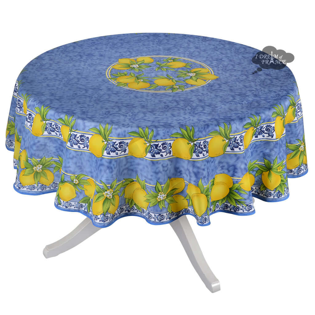 French Provencal tablecloth - Polyester - Stain-resistant - 70" round - Citrus blue | Provence Imports