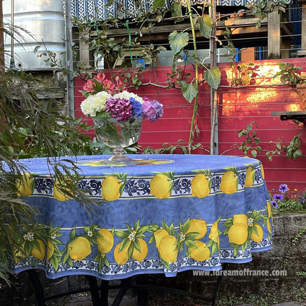 French Provencal tablecloth - Polyester - Stain-resistant - 70" round - Citrus blue | Provence Imports