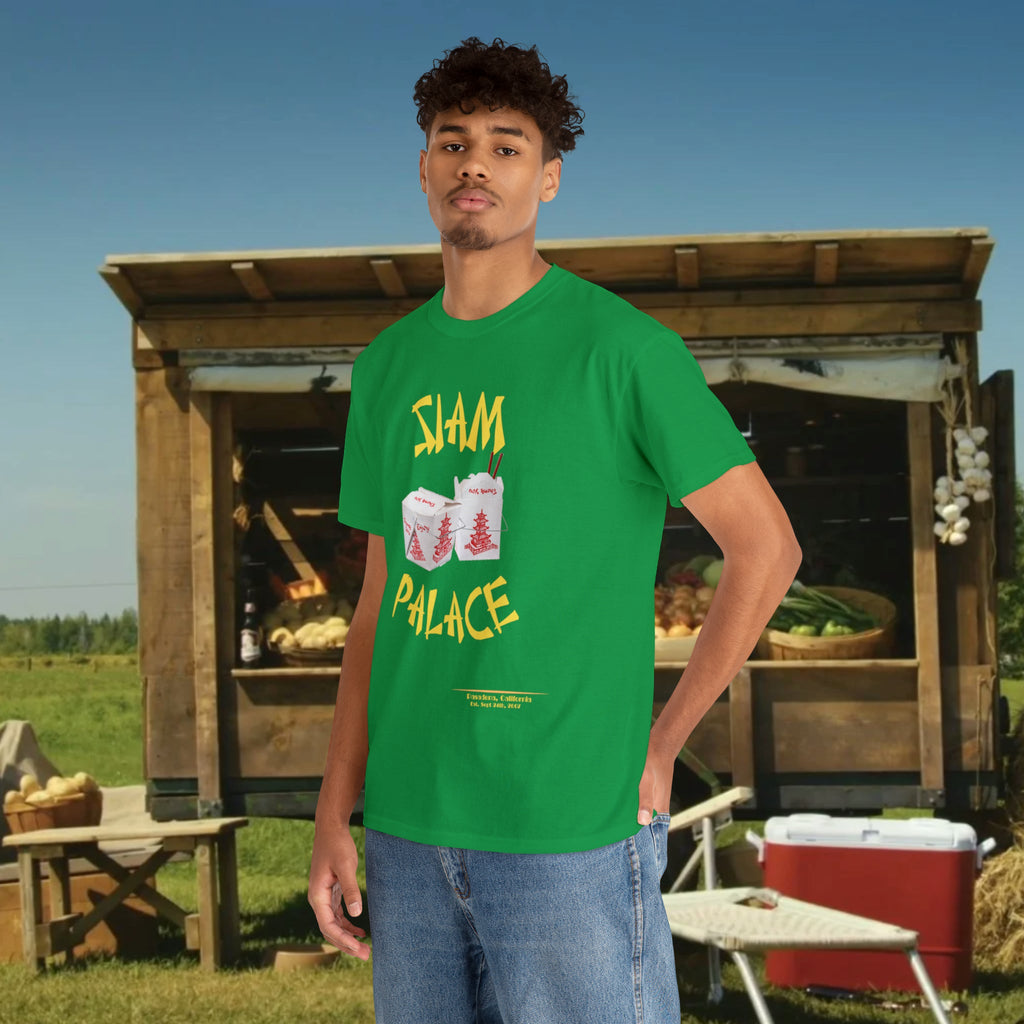 "DirkyThreadz Siam Palace T-Shirt – Mutiges Take-out-Grafikdesign aus schwarzer Baumwolle"