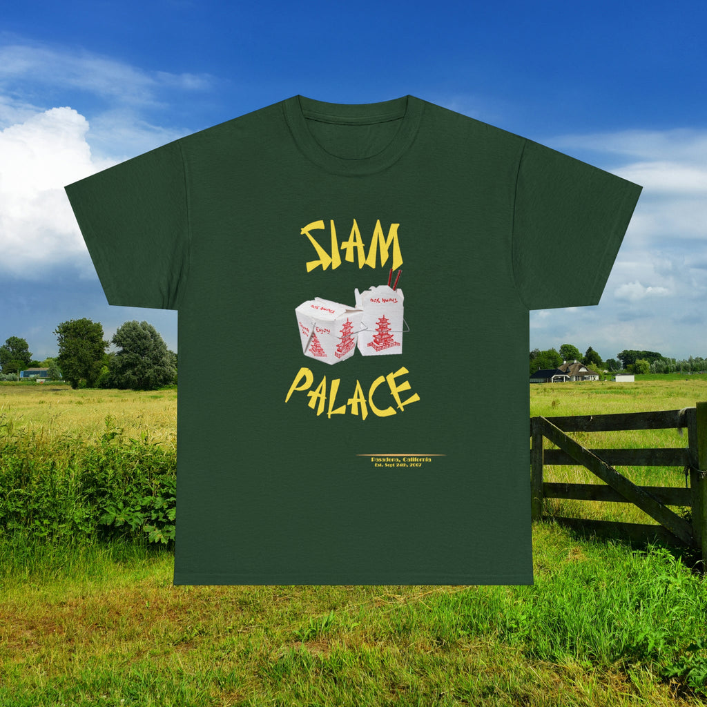 "DirkyThreadz Siam Palace T-Shirt – Mutiges Take-out-Grafikdesign aus schwarzer Baumwolle"