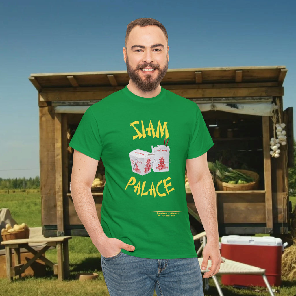"DirkyThreadz Siam Palace T-Shirt – Mutiges Take-out-Grafikdesign aus schwarzer Baumwolle"