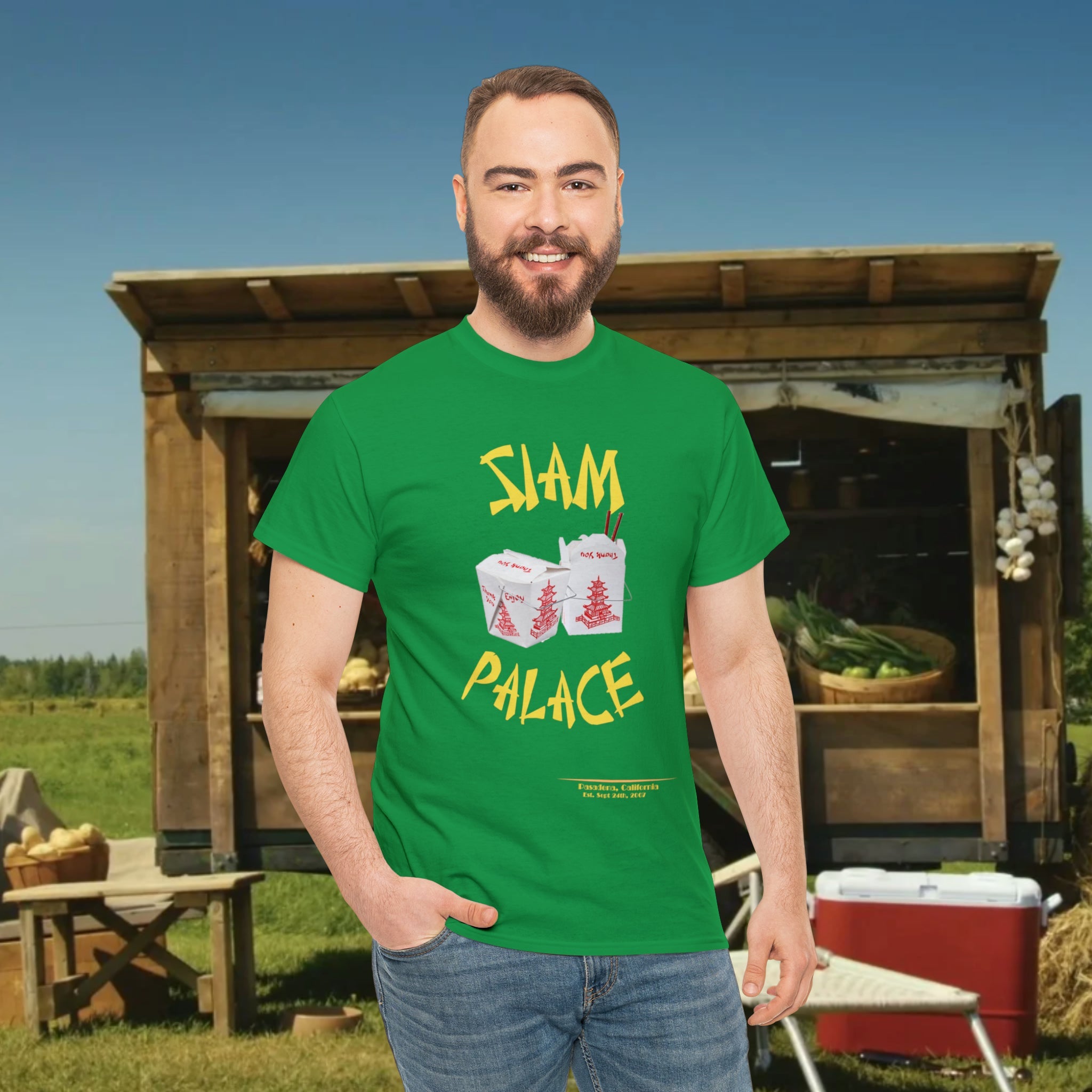 "DirkyThreadz Siam Palace T-Shirt – Mutiges Take-out-Grafikdesign aus schwarzer Baumwolle"