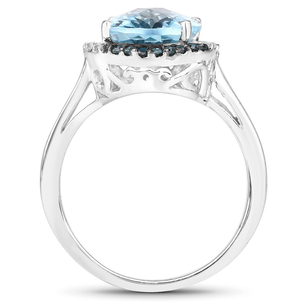 5.27 Carat Genuine Swiss Blue Topaz, Blue Diamond and White Diamond .925 Sterling Silver Ring