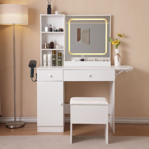 Schminktisch mit beleuchtetem Spiegel und Steckdose, Schminktisch mit Schubladen und großem Aufbewahrungsschrank für das Schlafzimmer, 3 Beleuchtungsmodi, einstellbare Helligkeit, Aufbewahrungshocker, Weiß