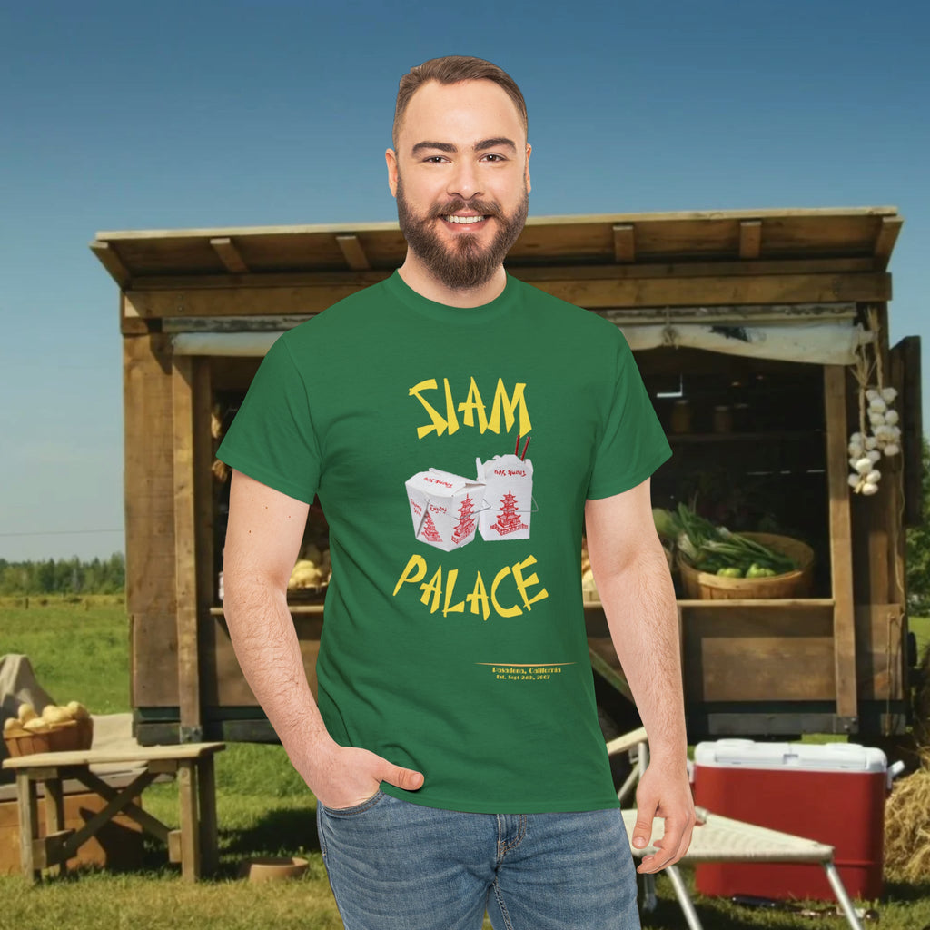 "DirkyThreadz Siam Palace T-Shirt – Mutiges Take-out-Grafikdesign aus schwarzer Baumwolle"