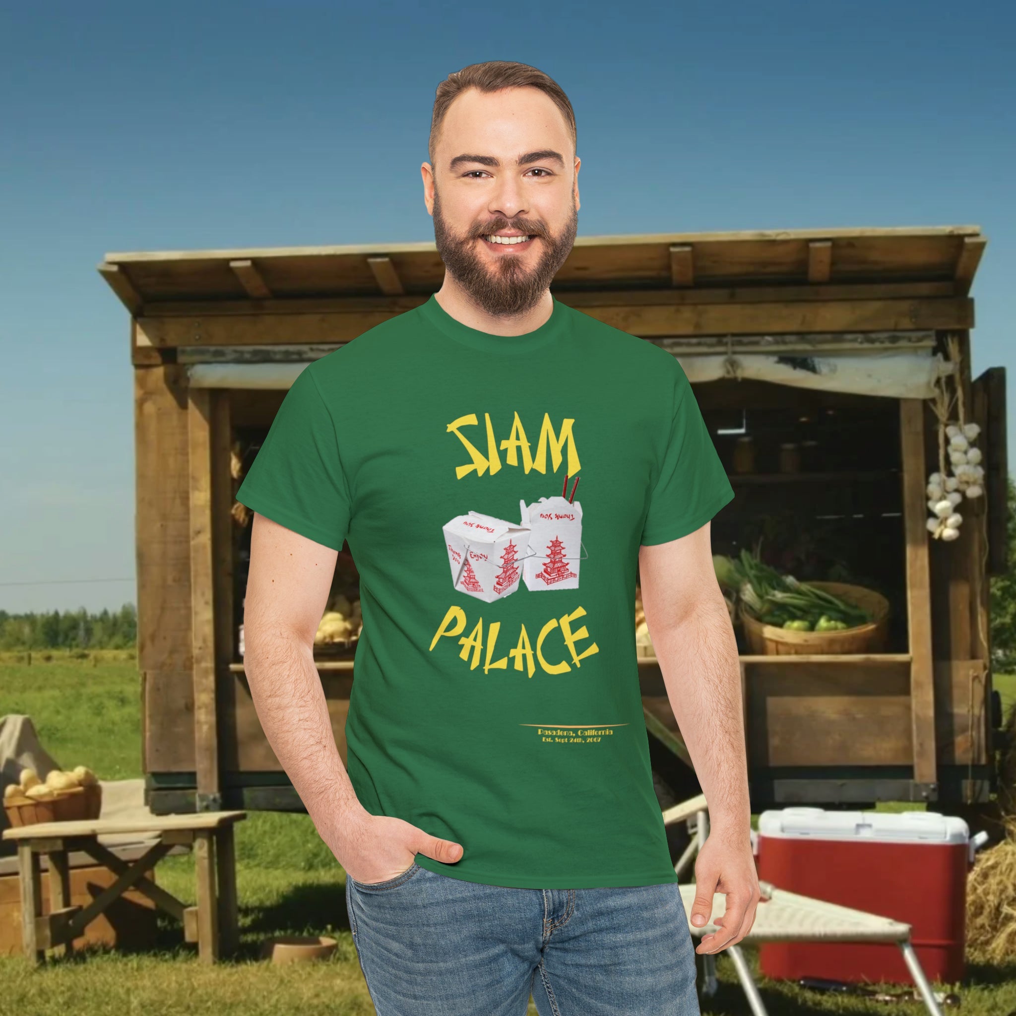 "DirkyThreadz Siam Palace T-Shirt – Mutiges Take-out-Grafikdesign aus schwarzer Baumwolle"