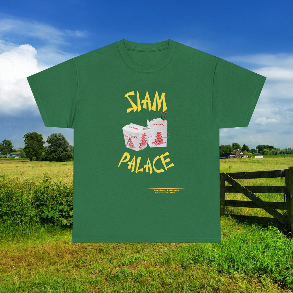 "DirkyThreadz Siam Palace T-Shirt – Mutiges Take-out-Grafikdesign aus schwarzer Baumwolle"