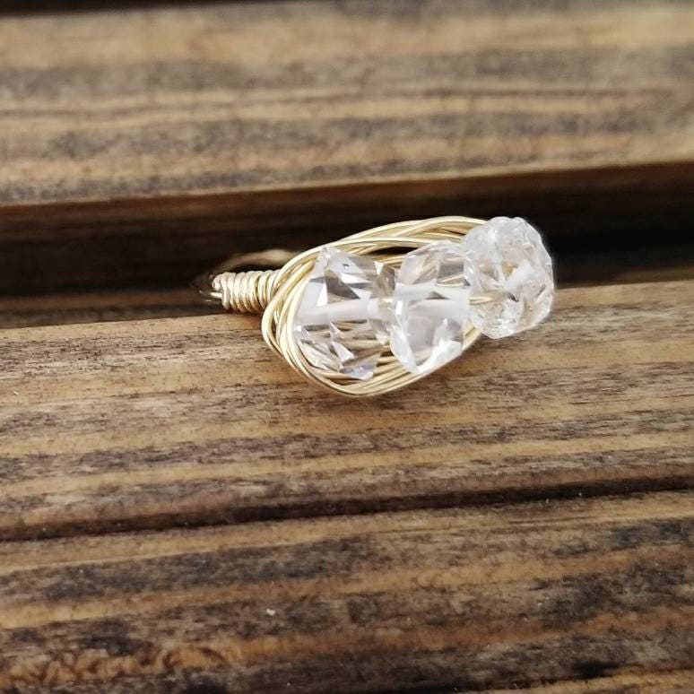 Herkimer-Diamant-Trio-Ring – handgewickelter Quarzkristallring