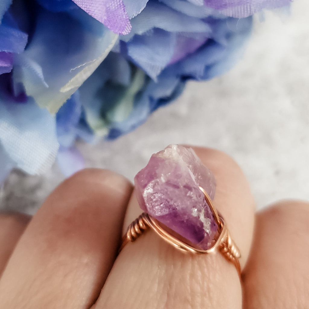 Raw Amethyst Crystal Ring – Hand Wrapped Purple Stone Ring