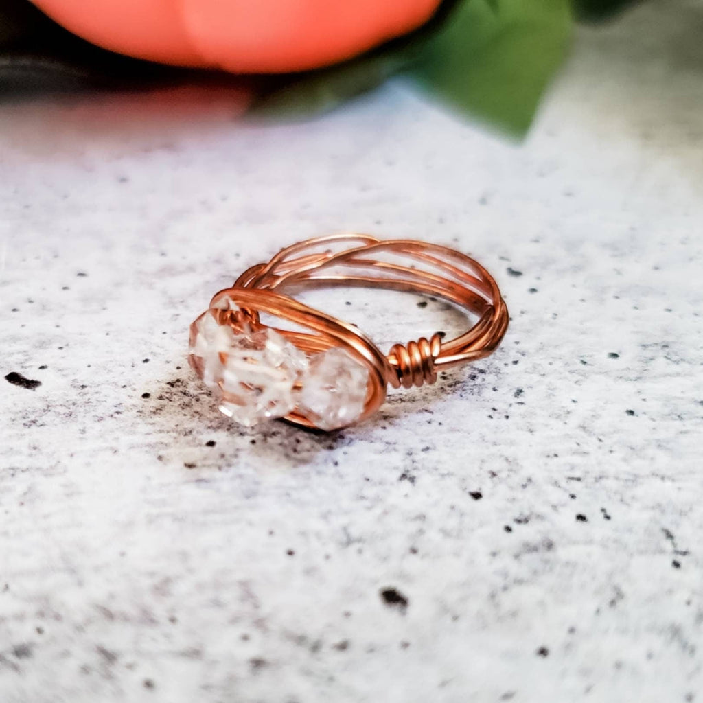 Herkimer-Diamant-Trio-Ring – handgewickelter Quarzkristallring