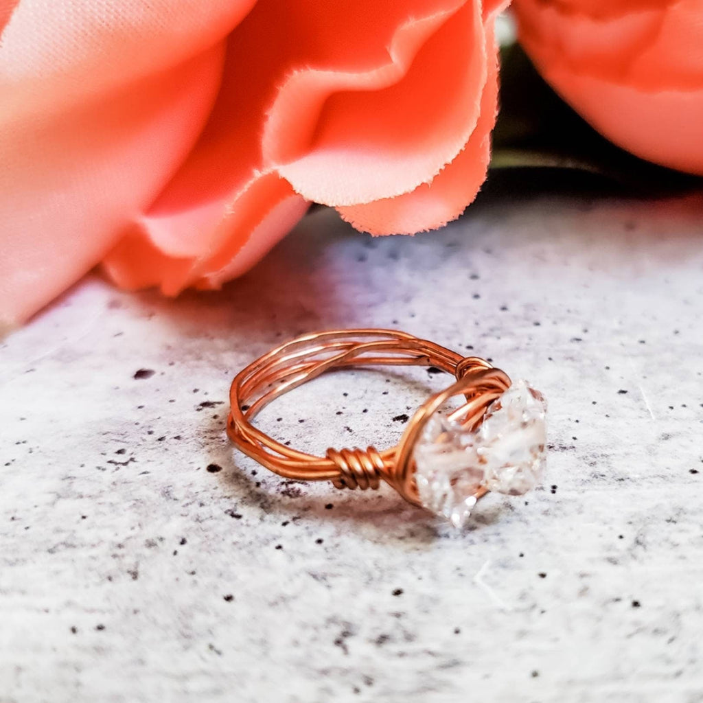 Herkimer-Diamant-Trio-Ring – handgewickelter Quarzkristallring