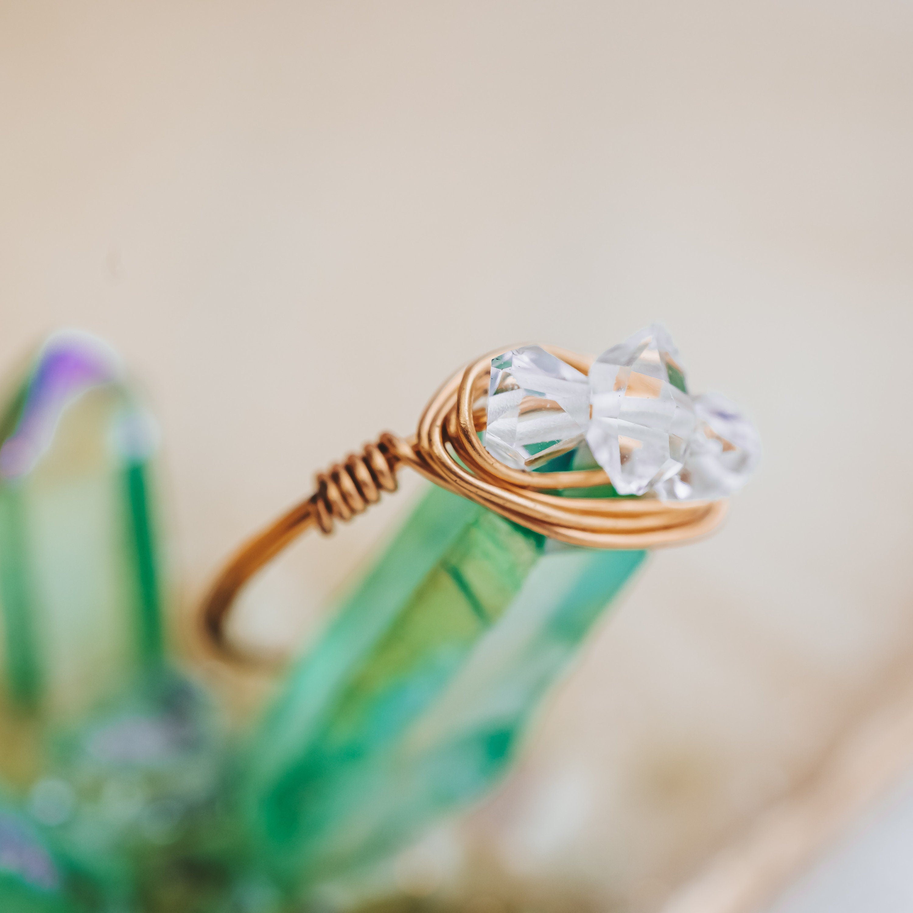 Herkimer Diamond Trio Ring – Hand Wrapped Quartz Crystal Ring