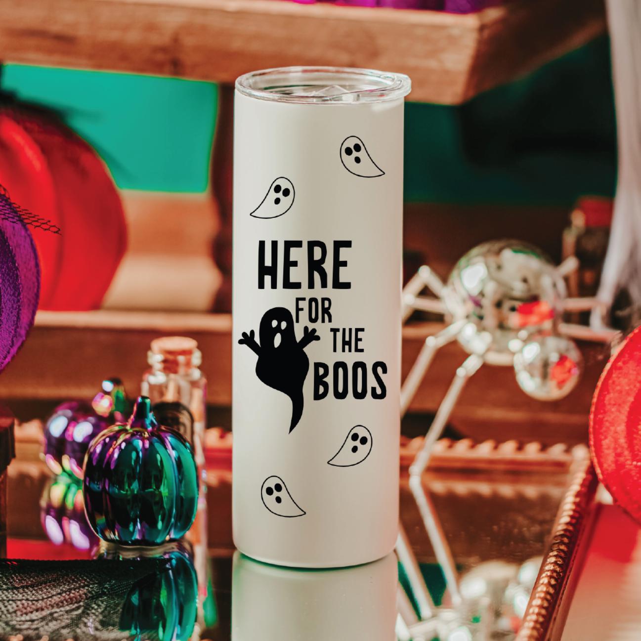 Here for the Boos Ghost Halloween Water Bottle Drink Tumbler