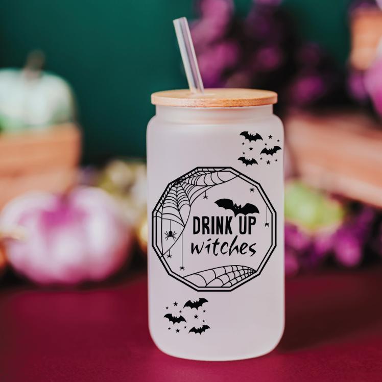 Drink Up Witches Halloween Glass Can Cup
