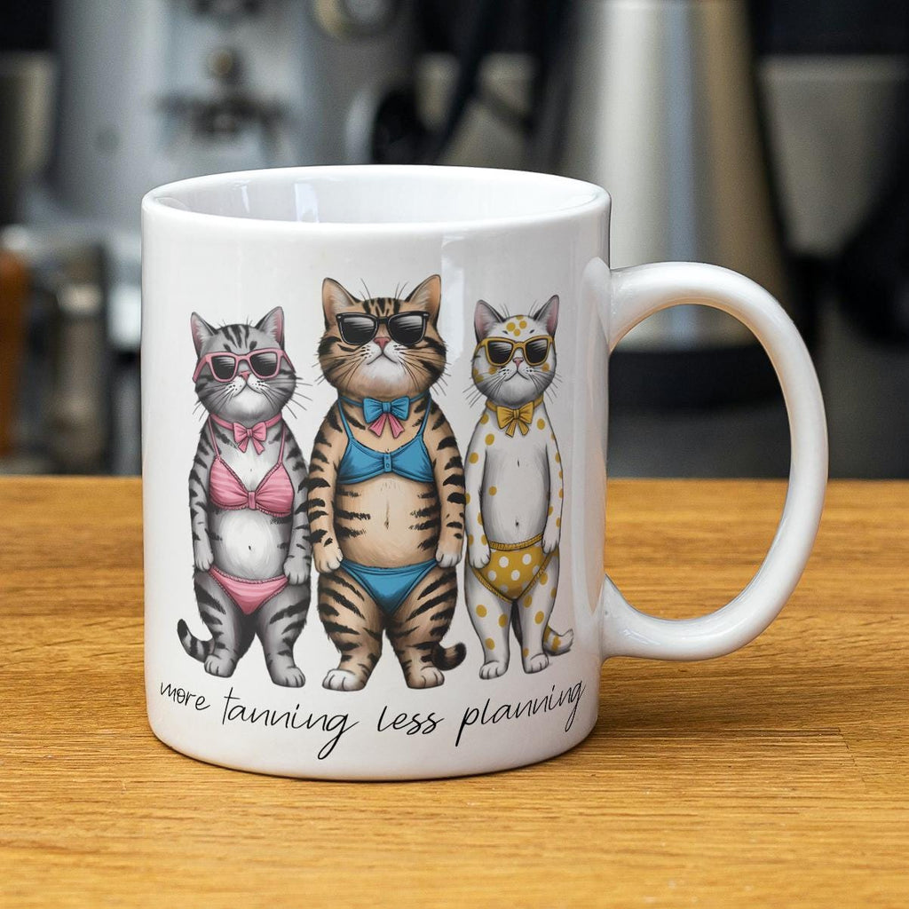Mehr Bräunen, weniger Planen, lustige Lehrer-Bikini-Katzen-Tasse