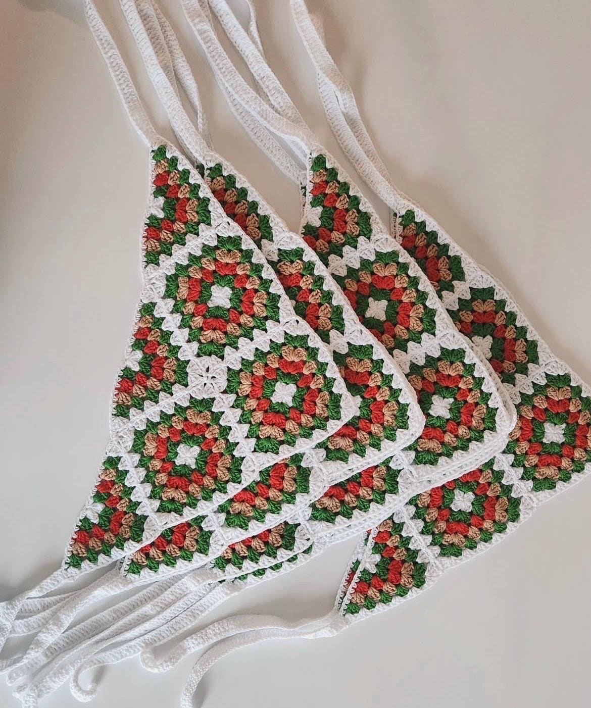 3-in-1 Häkel-Granny-Square-Bandana – Handgemachtes Haarband, Haustierhalsband & Halstuch für Mama | Farbenfrohes Boho-Accessoire | Retro-Häkelgeschenk